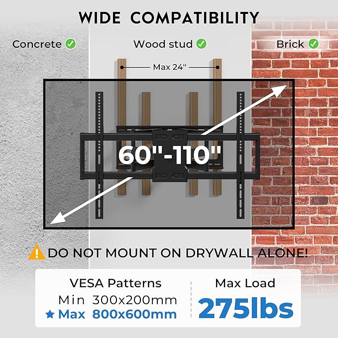 Heavy Duty TV Wall Mount with Extra Long Extendable Arm for 60–110 Inch TVs, Holds Up to 275lbs, Full Motion Bracket with Corner Swivel and Tilt, Max VESA 800x600mm, Fits 24" Studs, Wide Compatibility