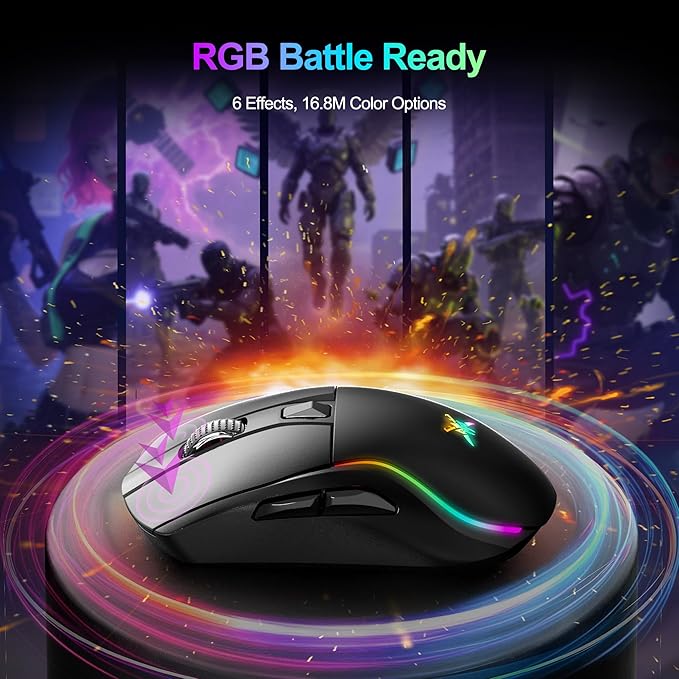 TECKNET Tri-Mode Wireless Gaming Mouse, RGB Backlit Bluetooth 5.0/2.4G/USB-C Rechargeable Ergonomic Mouse with 6 Programmable Buttons, 24000 DPI, 1000Hz Polling Rate, for PC Laptop Mac Gamer