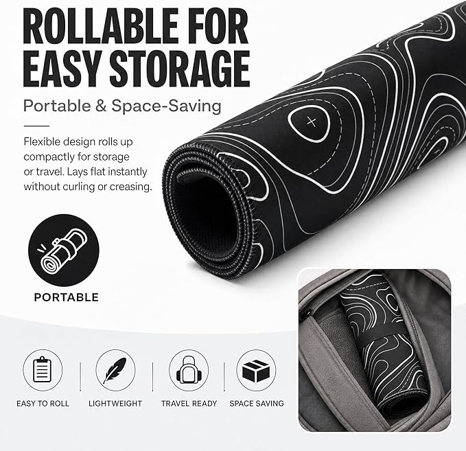 Large Gaming Mouse Pad Black Topographic Contour Mouse Pad Extended XL Long Mousepad Big Desk Mat with Stitched Edges & Nonslip Rubber Base for Company Office Work, 31.5 X 11.8 Inch