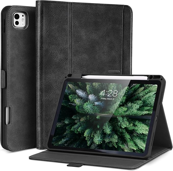 Handmade Case for iPad Pro 11 Inch (M5/M4) 2025/2024 with Pencil Holder Pocket,Magnetic Closure,Auto Sleep/Wake,Vegan Leather Folio Protective Cover,Multi Angles Stand,Black