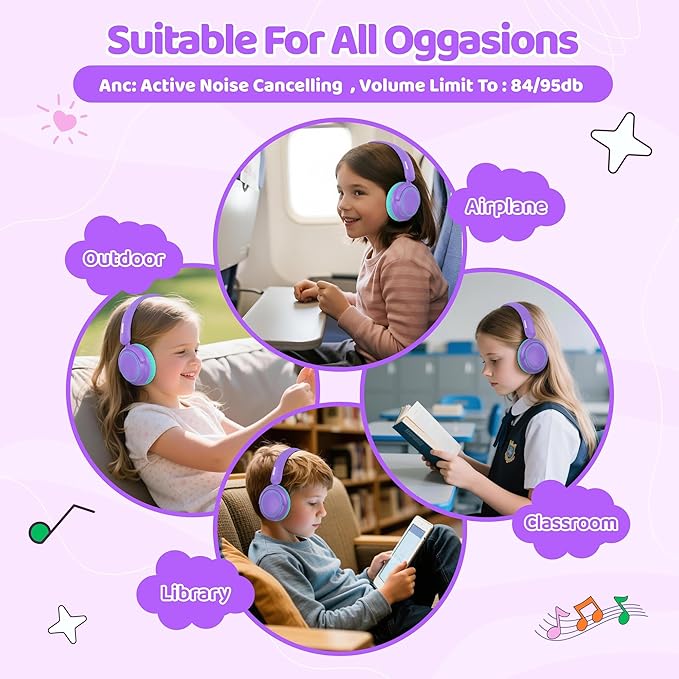 MIDOLA Active Noise Cancelling Kids Bluetooth Headphones,68H Play Time,Lightweight Wireless Foldable Over-Ear Headphone for Kid Toddler,Volume Limited 85/94dB,Headsets with Built-in Mic Purple
