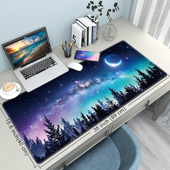 Desk Mat,Large Mouse Pad 35''×15.6'' XXL Extended Gaming Mouse Pad Mat with Non-Slip Base Stitched Eges Mousepad for Computer,Office,Keyboard and Laptop - Forest Moon