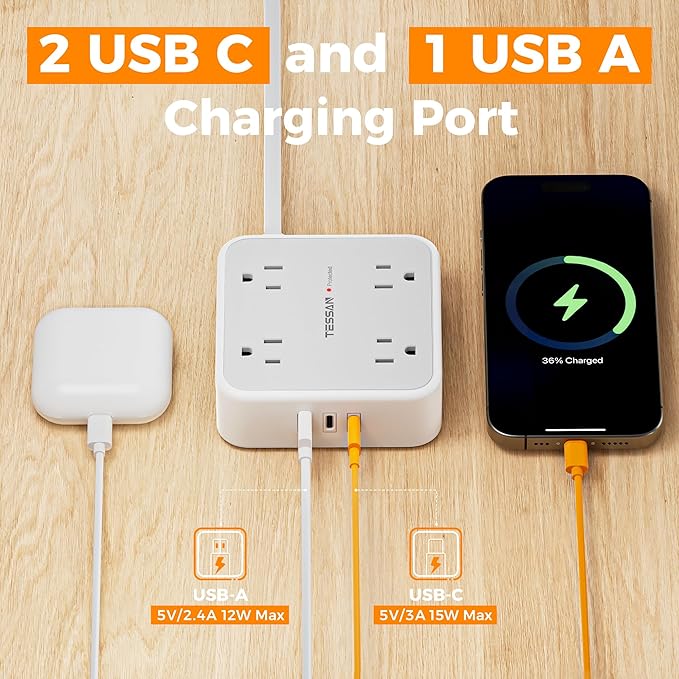TESSAN Surge Protector Power Strip, 5 Ft Flat Plug Extension Cord with 3 USB (2 USB C) 8 Outlets, 1250W, 900J Protection, 3 Sided Outlet Extender with Power Switch for Office, Dorm Room, Grey