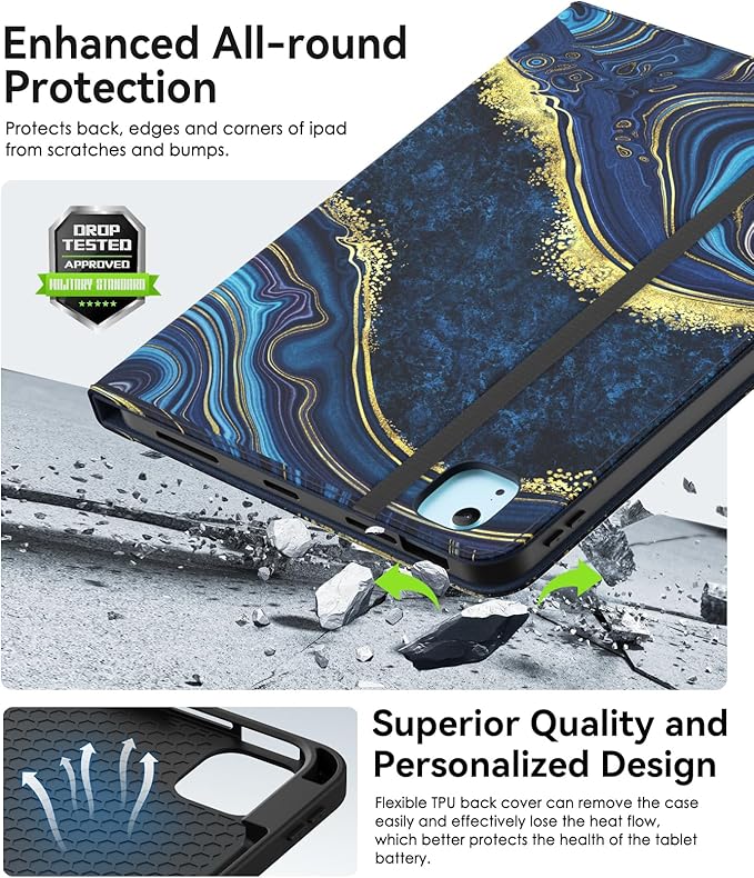 ZoneFoker Case for iPad Air 11-inch M3/M2 (2025/2024), iPad Air 5th/4th Generation 10.9'' (2022/2020), iPad Pro 11 (4th/3rd/2nd/1st Gen), Multi-Angle Stand Cover with Pencil Holder, Marble Ocean Blue