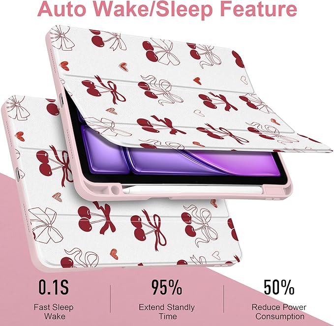 Case for iPad Air 11 inch M4 2026 M3 2025 2024 Release with Pencil Holder - Aesthetic Cute Preppy Design Trifold Cover with Soft TPU Bumper Clear Back Auto Sleep/Wake for Girls Women, Cherry