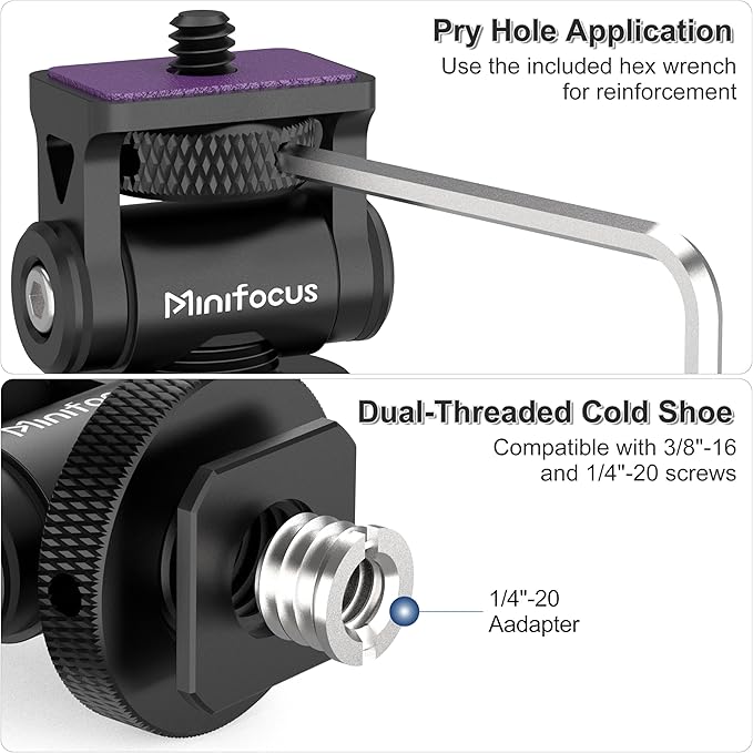 MINIFOCUS Camera Monitor Mount Swivel 360° and Tilt 180° Holder for 5" and 7" Field Monitor with Cold Shoe Mount and 3/8" & 1/4" Screw Hole