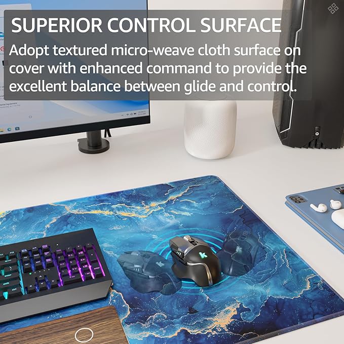 KTRIO Large Gaming Mouse Pad Desk Mat, Superior Micro-Weave Cloth, Non-Slip Rubber Base, Stitched Edges, Water-Resistant, for Gamer, Office & Home, 31.5 x 15.7 Inch，Blue Marble