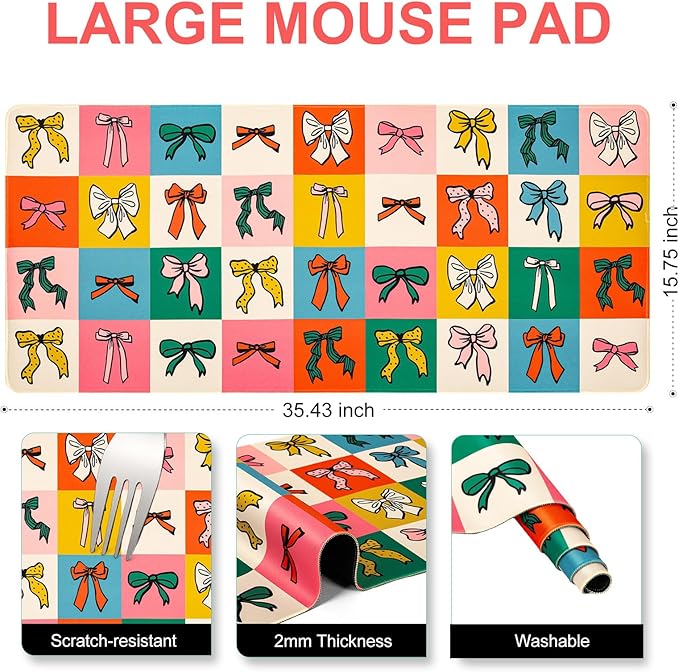 L-SPOUTTO Geometric Bow Desk Mat for Keyboard and Mouse,XXL Large Mouse Pad Non-Slip Keyboard Pad Waterproof Desktop Mat for Laptop Computer Work Game Home Office-Checkered Bow