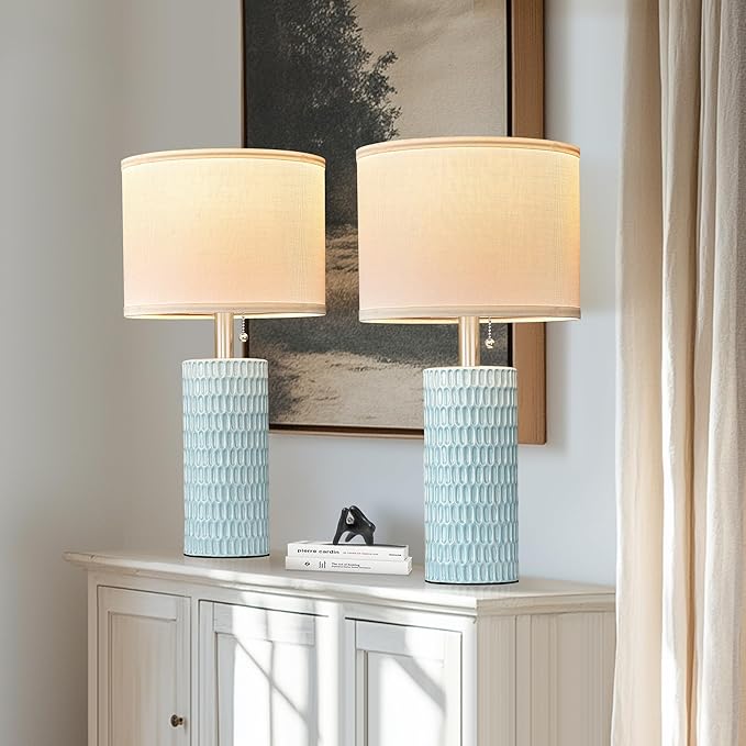 Reaketon Table Lamps for Living Room Set of 2, Ceramic Table Lamps for Bedroom, 20" Modern Lamps for Night Stands, Blue