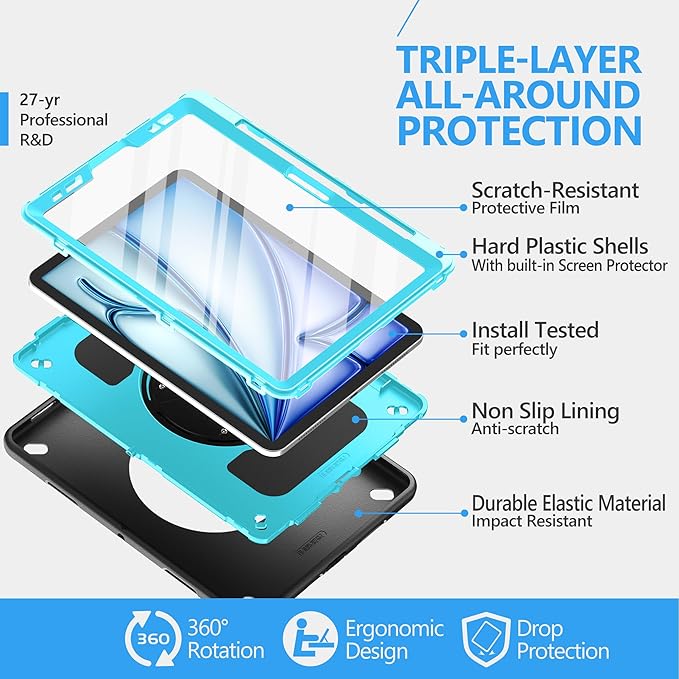 Case for iPad Air 11 M4 2026/ M3 2025/ M2 2024: TPU Cover for iPad Air 5th & 4th Generation 10.9 Inch (2020/2022) with Screen Protector- Stand- Handle- Shoulder Strap- Pencil Holder