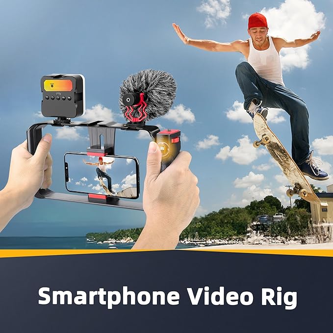 Zeadio Smartphone Camera Stabilizer, All-in-One Video Rig Kit with Phone Cage, RGB Video Light, Microphone, Action Camera Adapter, Compatible with Smartphones, Action Camera, DSLR, Cameras etc
