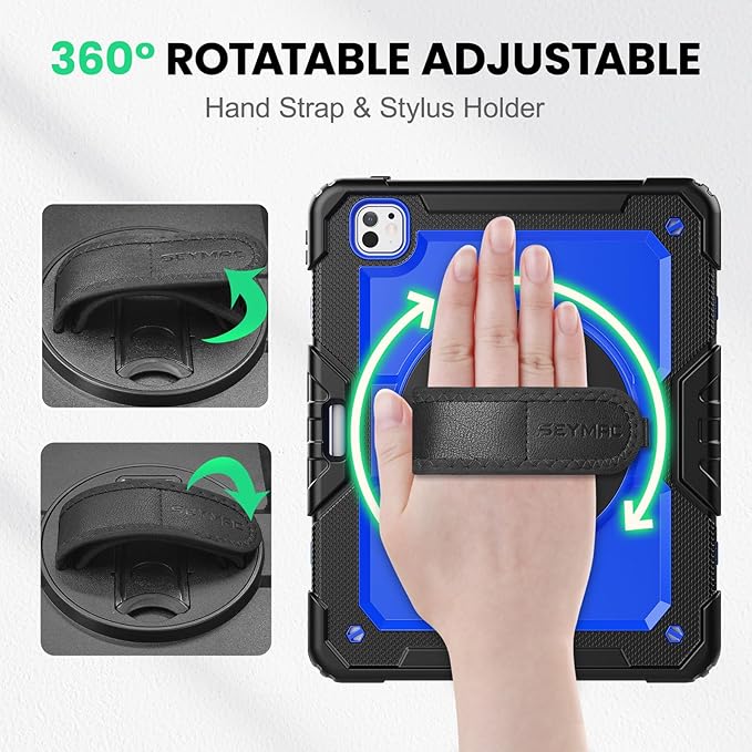 SEYMAC Case for iPad Pro 13 Inch M5 2025 / M4 2024, Heavy Duty Shockproof Protective Case with Screen Protector, 360° Rotating Stand, Hand/Shoulder Strap and Pen Holder, Blue