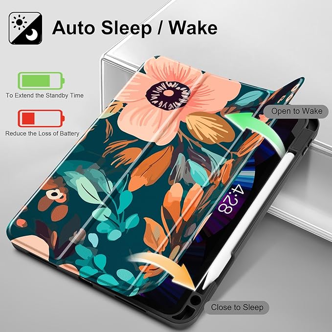 May Chen Case for iPad Pro 11 inch (4th, 3rd, 2nd & 1st Gen) 2022 2021 2020 2018, Trifold Stand + Pencil Holder + Auto Wake/Sleep + Soft TPU Protective Stand Back Cover, Abstract Florals