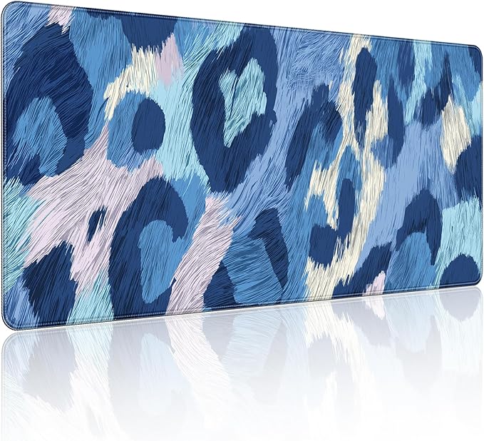 35.4 x 15.7 in, XXL Large Mouse Pad for Desk, Extended Keyboard Mouse Mat for Computer Office, Big Mouse pad with Stitched Edges, Gaming Pc-Leopard Print Light Blue and Navy
