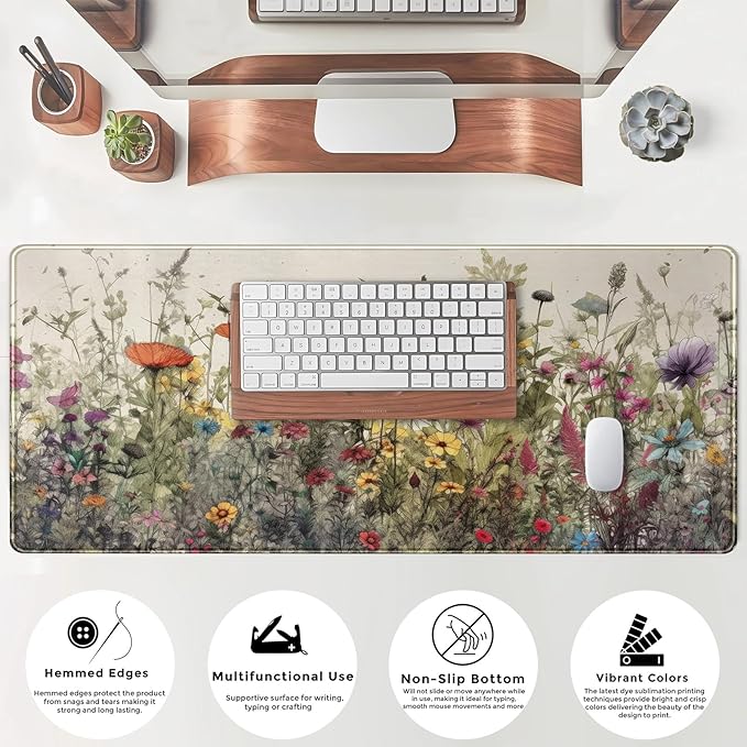 Watercolor Flowers Desk Mat Floral Boho XL Mouse Pad Large Mousepad Extended Vintage Aesthetic Laptop Keyboard Mat Cute Gaming Desk Pad 31.5"x11.8" Office Decor for Women