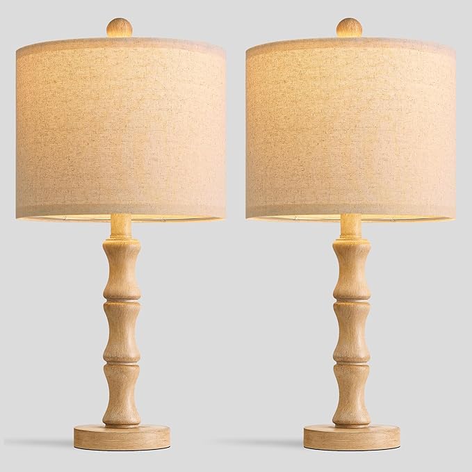 BOBOMOMO 20.5" Farmhouse Table Lamps Set of 2, Rustic Nightstand Lamps with Wood Grain Resin Base & Linen Shade, Small Bedside Lamps for Bedroom, Living Room, Apartment Side Table & Small Spaces