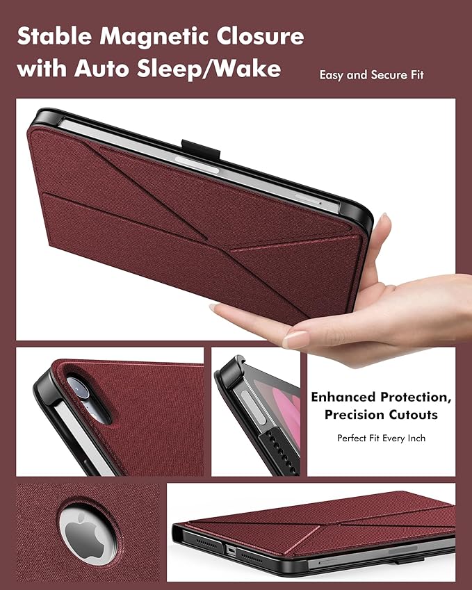 INFILAND Case for iPad mini 7 (A17 Pro) 2024 / iPad mini 6 2021, Magnetic Origami Slim Protective Case, Book-Style Foldable Cover with Pencil Holder, Multi-Angle Stand, Auto Wake/Sleep, Burgundy