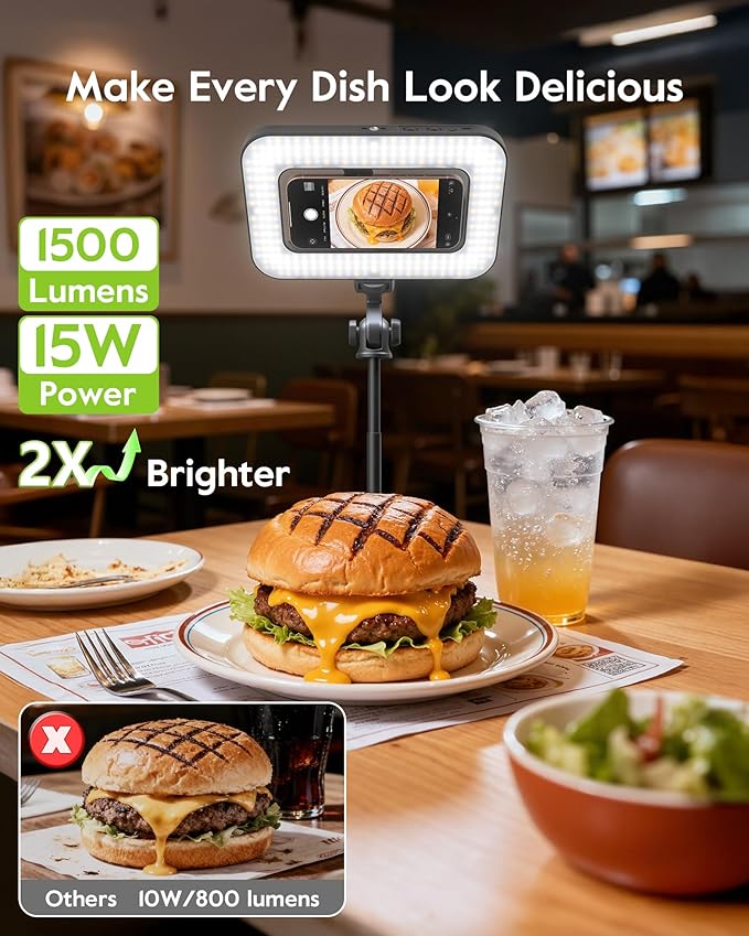 Tripod for iPhone with Light, Portable 15W Ring Light with Stand and Phone Holder for Video Recording, 6000mAh Magnetic Phone Tripod with Light 2500K-9000K for Food Hunt,Mukbang Video,Vlogging,CRI＞95
