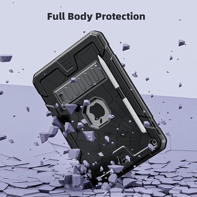 Sibeitu Case for iPad 9th Generation 10.2 Inch 2021 with Pencil Holder, Rugged Shockproof iPad 8th 7th Case 2020 2019 with Kickstand, Heavy Duty Protective Cover for Kids Boys Girls l Black