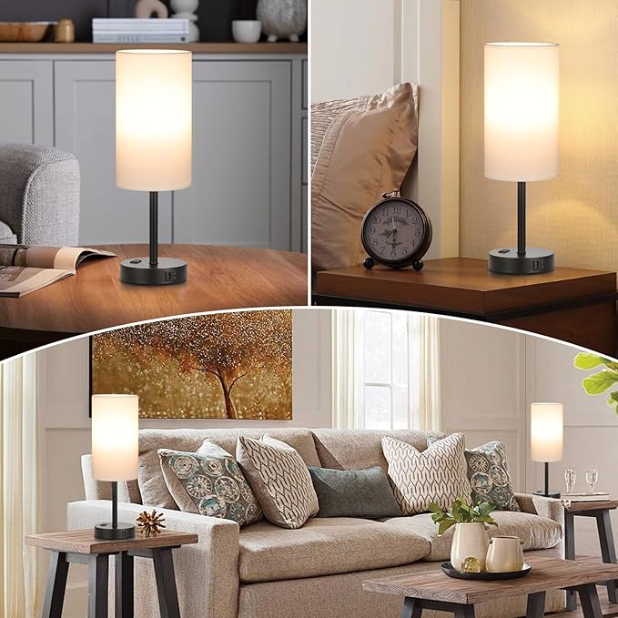 PartageiZ 17.4inches Tall White Bedroom Lamps Set of 2-3 Way Dimmable Touch Table Lamps with USB C and A Ports, Lamps for Nightstand with AC Outlet, Desk Lamps with Black Base for Office