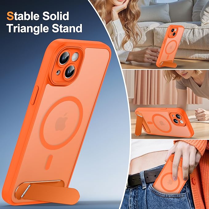 Magnetic Compatible with iPhone 15 Plus Case, [Built-in Kickstand][Full Camera Protection][Compatible with MagSafe][Anti-Fingerprint] Shockproof Phone Case for iPhone 15 Plus 6.7",Orange