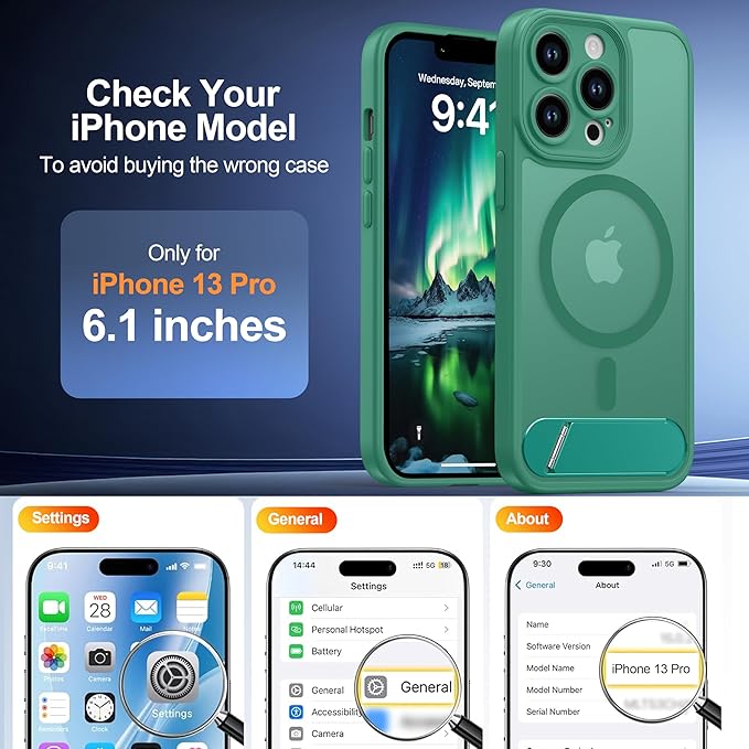 Magnetic Compatible with iPhone 13 Pro Case, [Built-in Kickstand][Full Camera Protection][Compatible with MagSafe][Anti-Fingerprint] Shockproof Phone Case for iPhone 13 Pro 6.1",BLue Green