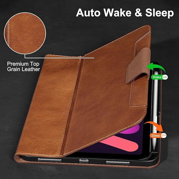 Gexmil Premium Leather Case for iPad mini 7 (A17 Pro) 2024 / iPad mini 6 Generation 2021 8.3 Inch,Pencil Holder, Magnetic Closure,Shockproof Cowhide Cover,Adjustable Stand,Vegetable Tanned Brown