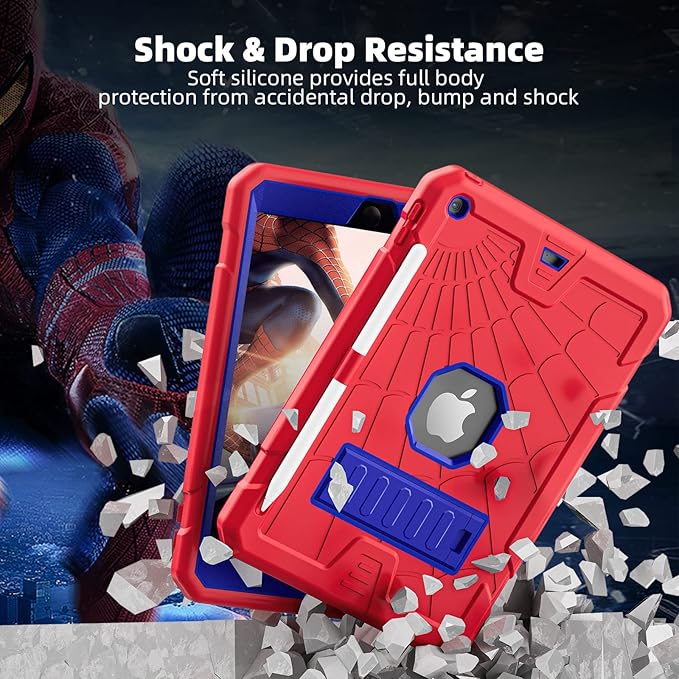 TSQQST iPad 6th/5th Generation Case 9.7 Inch with Tempered Glass Screen Protector&Pencil Holder&Stand | Heavy Duty Shockproof Rugged Protective iPad 9.7 Case 2017 2018 for Kids Boys Girls | Red+Blue
