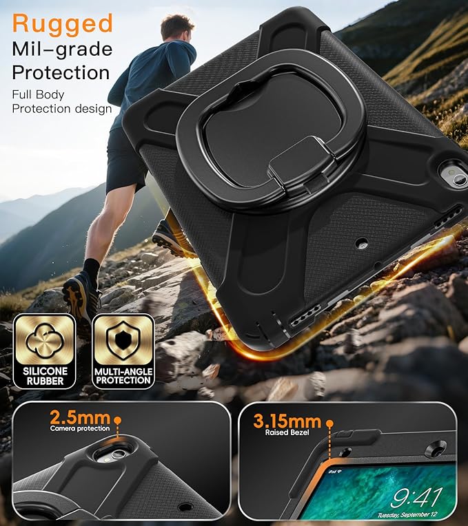 BATYUE iPad Air 3rd Generation Case 2019 / iPad Pro 10.5 inch Case 2017; Rugged Heavy Duty Protective Cover with Pencil Holder, 360° Swivel Stand, Shoulder Strap; for Kids (Black)