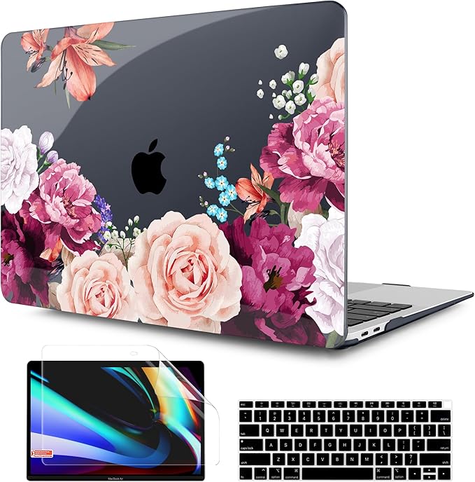 TWOLSKOO Matte Hard Shell Case Keyboard Cover Screen Protector Trackpad Protector for MacBook Air 13 inch Retina 2021 2020 2019 2018 Release Model: A2337 M1/A2179/A1932, Black Peony