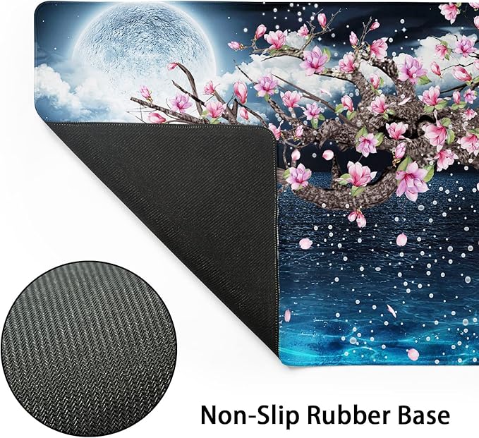 Japanese Pink Floral Gaming Mouse Pad XL Sakura Cherry Blossom Magnolia Tree Blue Ocean Moon Night Extended Big Large Desk Mat Non-Slip Rubber Base Stitched Edge Long Keyboard Mousepad 31.5×11.8 in