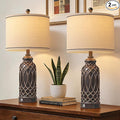 WIHTU Farmhouse Table Lamps Set of 2, Black-Gold Resin Table Lamps with USB Ports, Touch Button Switch, Woven Wicker Pattern, Linen Shade, Nightstand Lamp for Decor (2 Bulbs Included)