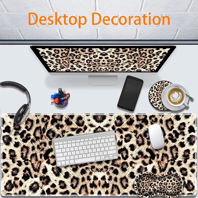 Durable Desk Mat + Wrist Rest Pad + Coasters Set, Large Gaming Office Mouse Pad 31.5 "x 11.8", Extended Non-Slip Rubber Keyboard Pad, Laptop & Home, Leopard Print Pattern