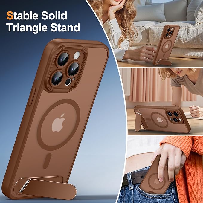 Magnetic Compatible with iPhone 15 Pro Max Case, [Built-in Kickstand][Full Camera Protection][Compatible with MagSafe][Anti-Fingerprint] Shockproof Phone Case for iPhone 15 Pro Max 6.7",Brown
