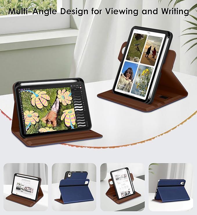DTTO for iPad mini 7 (A17 Pro) Case, iPad mini 7th / 6th Generation Case (2024/2021), 360 Degree Rotating Premium Leather Folio Stand Cover with Pencil Holder, Navy Blue