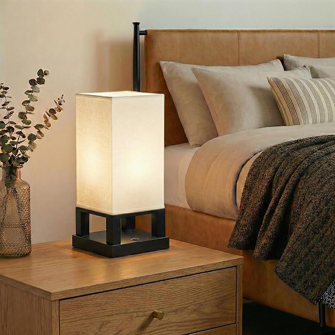 Brightech Maxwell Bedside Lamp with USB Port – Compact Table Lamp for Bedroom, Living Room - Modern Asian Nightstand Lamp with Wood Frame - LED Bulb, Soft Light - Black