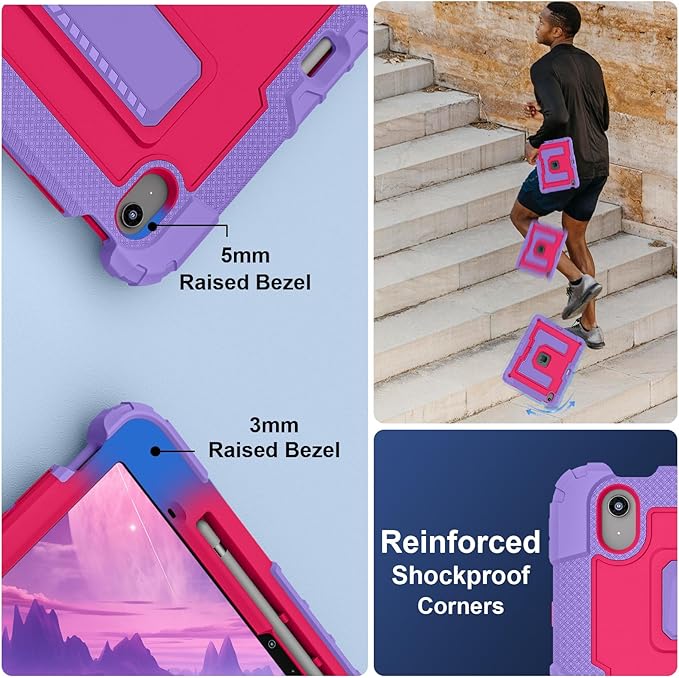 Kids Friendly Case for iPad Air 13 Inch M4 M3 M2 2026/2025/2024 Case with Pencil Holder & Shoulder Strap, Military Grade Shockproof Kickstand Hard Shell Protective Cover,Rose+Purple