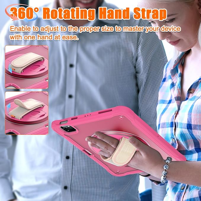 Batianda Case for iPad Pro 11-inch 2022 4th M2 Chip /2021 (3rd Generation) Heavy Duty Rugged Shockproof Tablet Cover with 360° Rotating Hand Strap Foldable Hidden Stand & Shoulder Strap, Pink