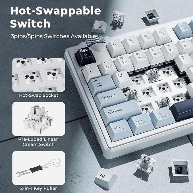 Redragon K716 Wireless Mechanical Keyboard with Knob, Gasket Gaming Keyboard in TKL Layout, Hot swap Pre-Lubed Switches, RGB Backlight, for PC/Mac (White)