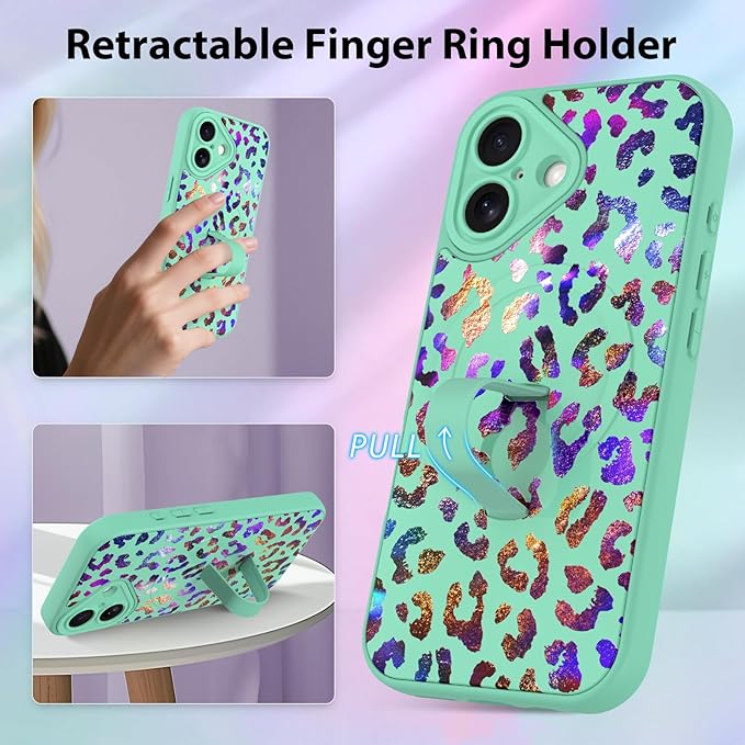 KANGHAR Compatible with iPhone 17 Case, Support for MagSafe, Silicone Cute Iridescent Leopard Cheetah Pattern, Wristband Kickstand Shockproof Protective Slim Cover for Women Girls, Green