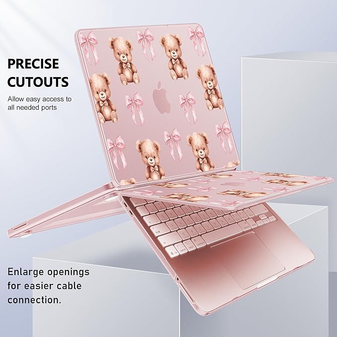 Case for 2026 MacBook Neo 13-inch Laptop with Liquid Retina Display, Release Model A3404, Sturdy Plastic Hard Shell Case + Keyboard Cover + Trackpad Film + Dust Plug, Teddy Bears & Pink Bows