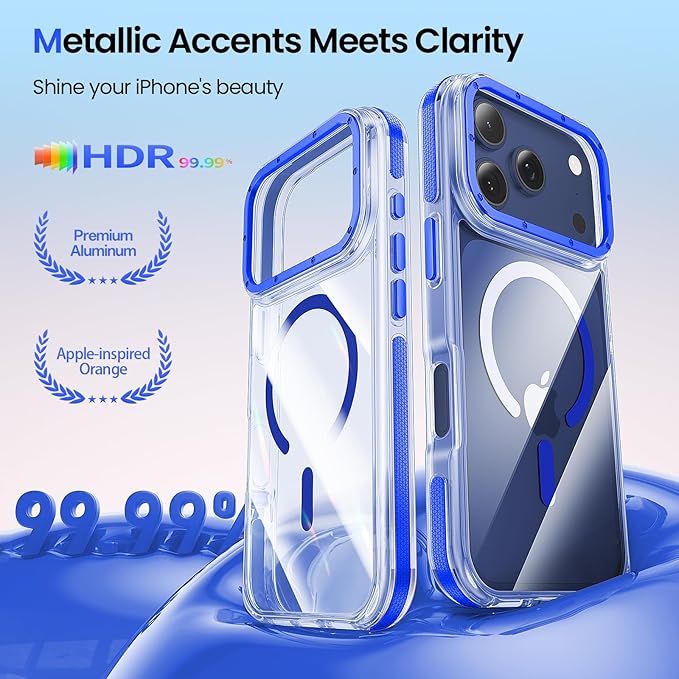 Strong Magnetic for iPhone 17 Pro case with camera lens protector [10Ft Military-Grade Protection] Compatible with fit MagSafe Shockproof Slim Thin Cover case for iPhone 17 Pro 6.3 inch, Clear Blue