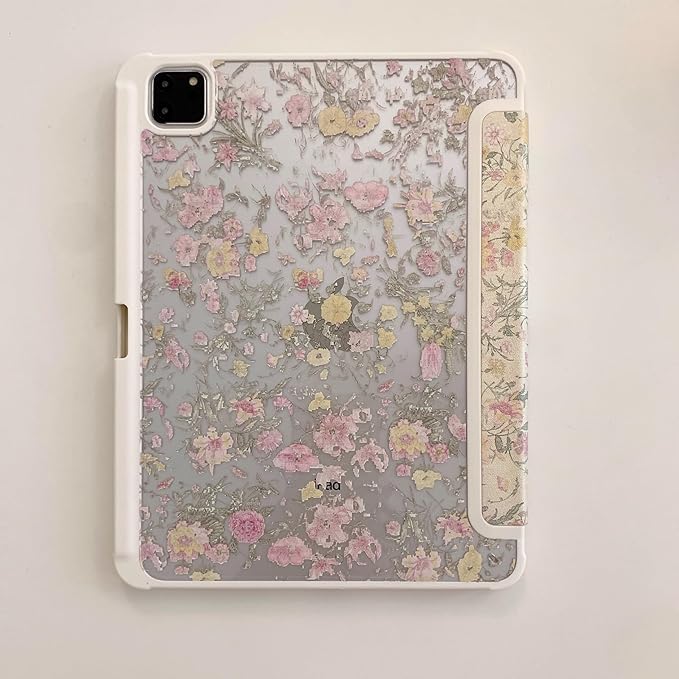 Auto Sleep/Wake Adjustable Stand Leather Folio Case with Kickstand Stylus Holder for Apple iPad 10.2-inch 9 9th Generation 2021 Yellow Flowers Floral Vintage Classic Warm Cute Special Girls Women