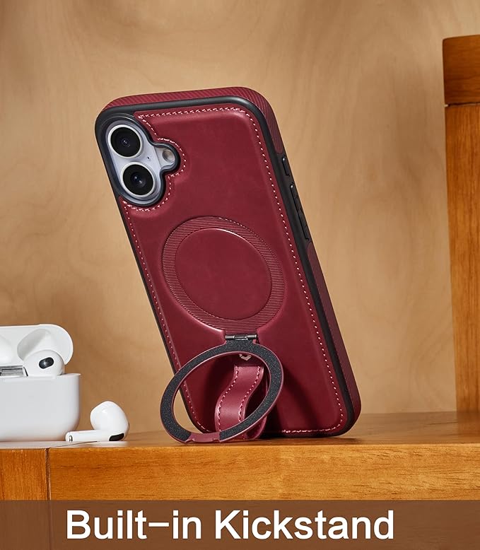 Butaiga for iPhone 17 Leather Case with Stand, Anti-Slip Grip Ring, Fits for MagSafe (Burgundy, iPhone 17)