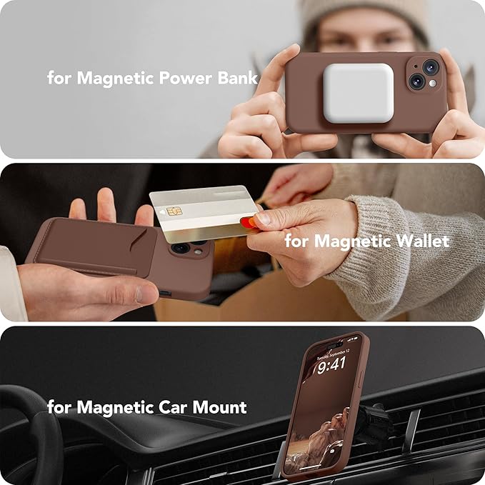 Magnetic for iPhone 14 Case, Compatible with MagSafe, [Full Camera Protection][Screen Protector] Silicone Shockproof Protective Phone Case for iPhone 14 6.1 inch, Brown