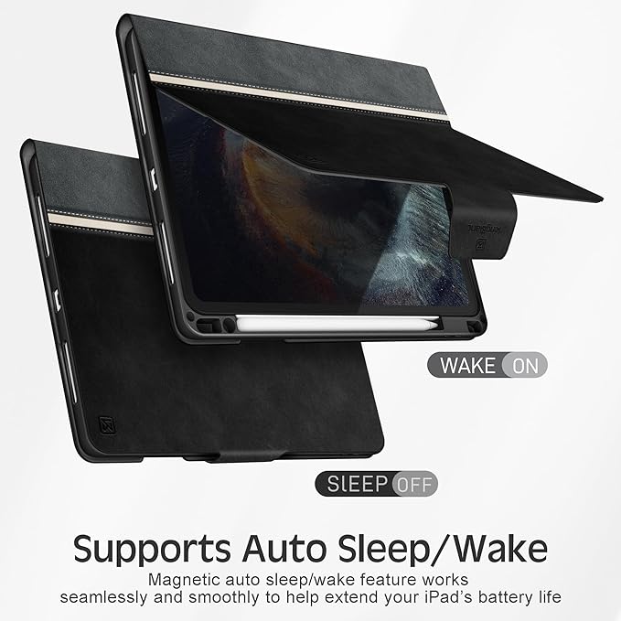 KingBlanc Case for iPad Pro 13 inch (M5 2025/M4 2024) with Pencil Holder, Vegan Leather Stand Cover, Auto Sleep/Wake, Support Pencil Pro/(USB-C), Viewing/Writing Angles, Vintage Notebook Style, Black