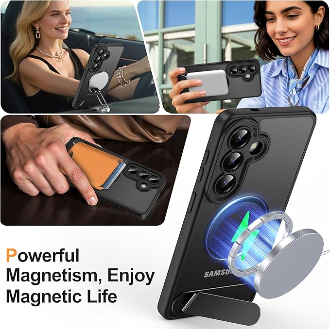 Magnetic for Samsung Galaxy S26 Case, [Compatible with MagSafe][Full Camera Protection][Built-in Invisible Kickstand] Translucent Matte Phone Case for S26 6.3" - Black