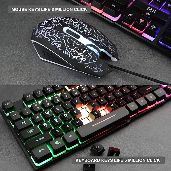 Rii Keyboard and Mouse Set, Rainbow LED Backlit Multimedia PC Keyboard, Colorful Breathing Backlit Gaming Mouse for Work or Play