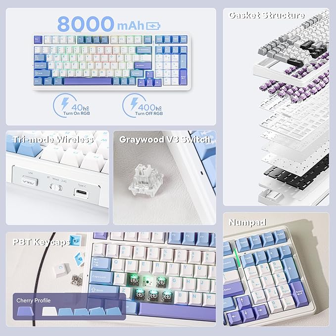 EPOMAKER x Aula F99 Wireless Mechanical Keyboard, Hot Swappable Gasket Custom Gaming Keyboard with Five-Layer Padding, BT/2.4GHz/USB-C, 8000mAh Battery (White Light Blue, Graywood V3 Switch)