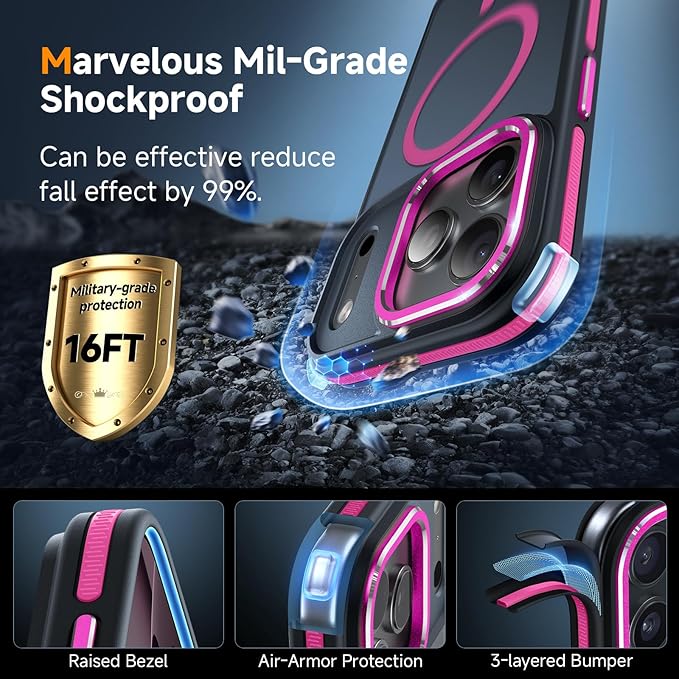 Magnetic 3 in 1 for iPhone 17 Pro Case, [Omni-Directional Protection] with 1x Screen Protector + 1x Camera Cover, [Seamless Work with Magsafe] Shockproof Slim Thin Case for iPhone 17 Pro Hot Pink